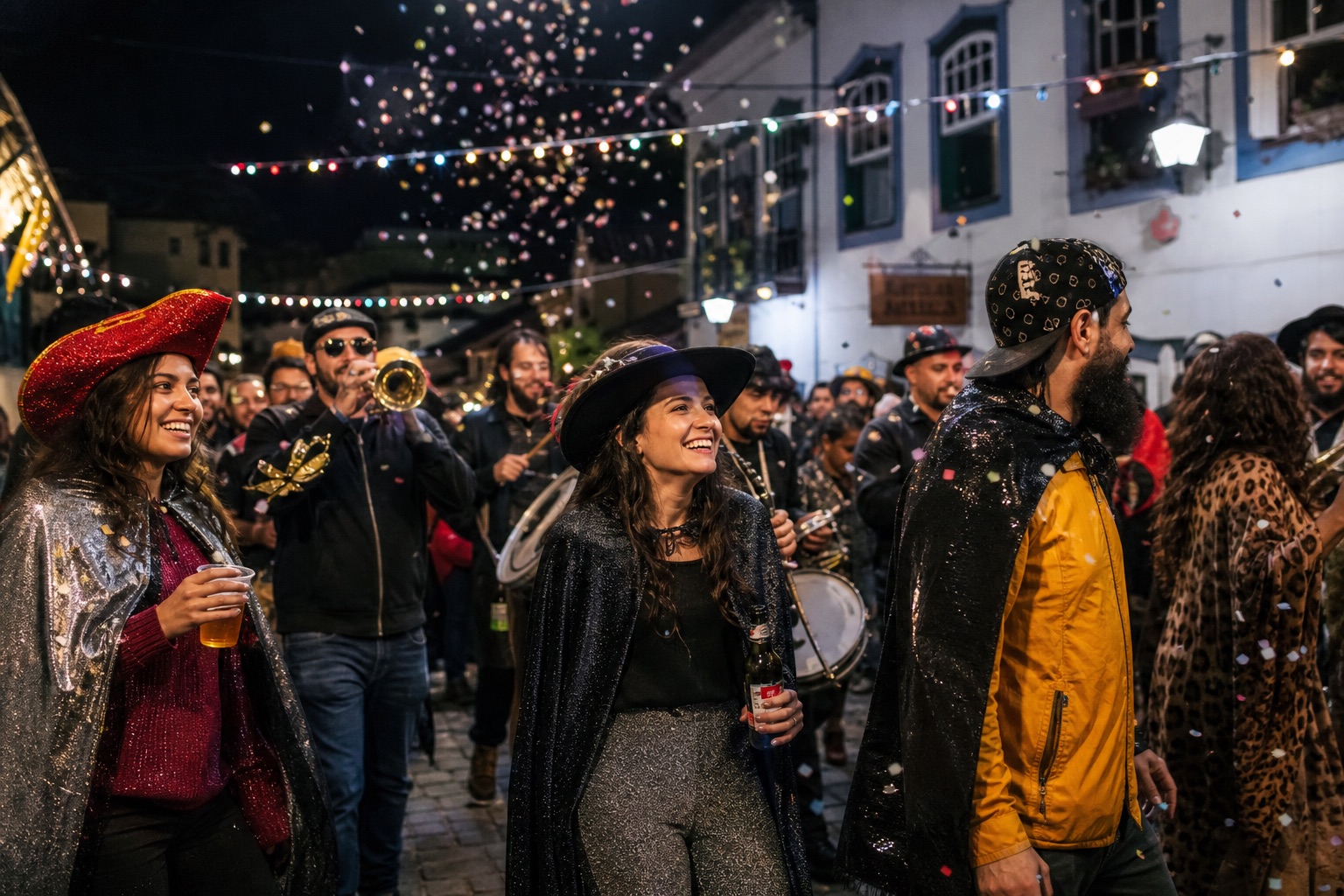 Carnaval callejero de noche en una ciudad serrana: disfraces con capas, confeti y luces de colores sobre la multitud