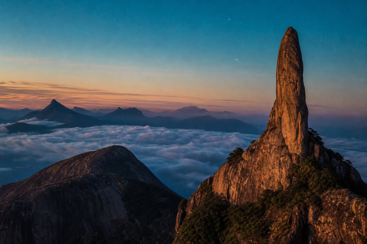 La aguja de granito del Dedo de Deus iluminada por el ocaso sobre un mar de nubes, contra un cielo azul profundo