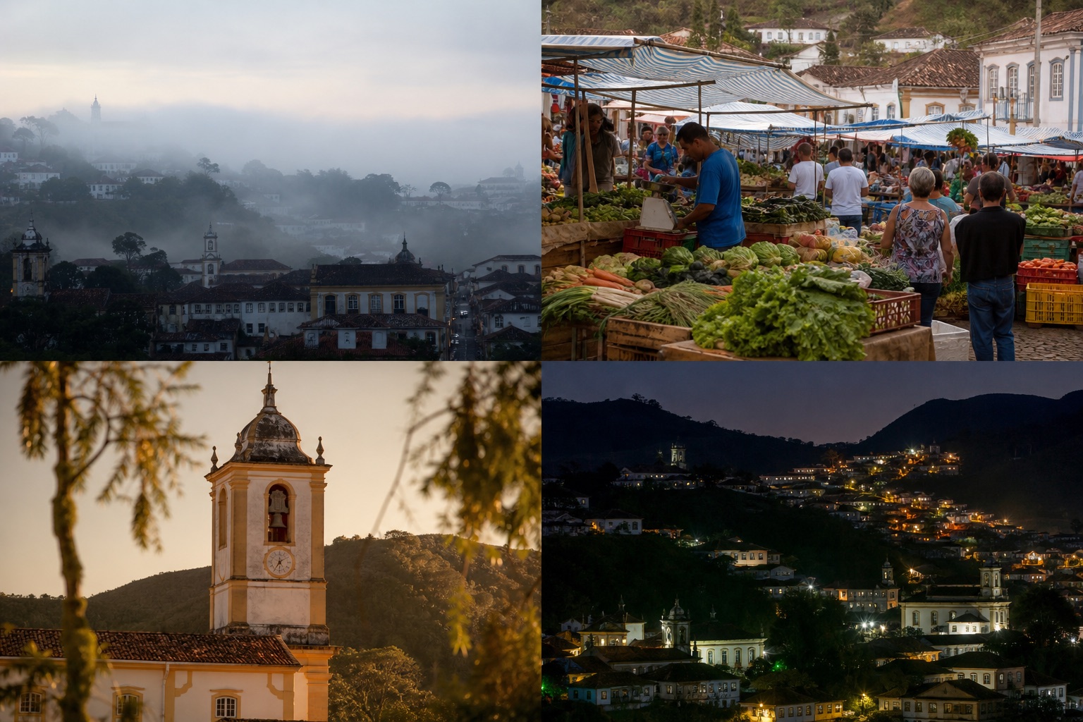 Collage de la ciudad serrana en cuatro momentos del día: niebla del amanecer, feria de la mañana, tarde dorada en la iglesia y luces nocturnas de las colinas