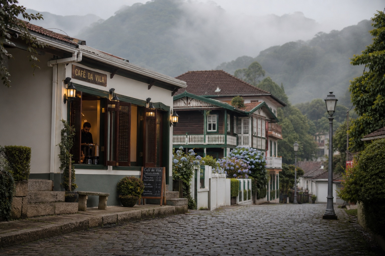 Calle empedrada de Teresópolis de mañana temprano, con mansiones de veraneo, verandas de madera e hortensias entre la niebla del bosque